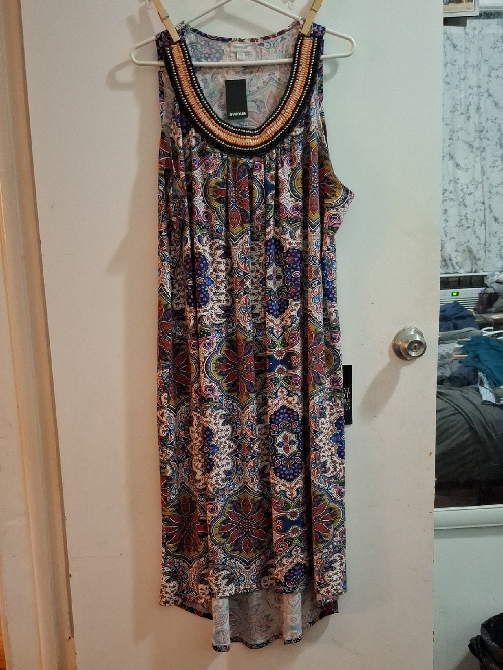 Avenue Beaded-Neckline High-Low Maxi Dress in Blue and Pink Pattern